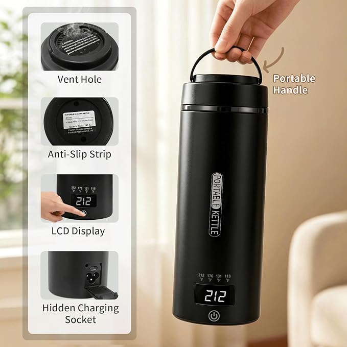Travel Electric Kettle Small, Smart Water Bottle with 4 temperature control, 450 mL Portable Self Heating Kettle with Leak-Proof for Dormitories, Offices, Business Travel Hotels, 120V