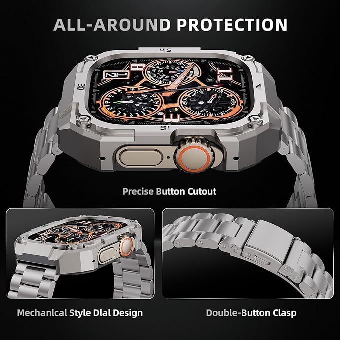 Casual Stainless Steel Case with Band Compatiable for 49mm Apple Watch Ultra Bands for Men,Metal Apple Watch Bumper Case Cover with Strap for iWatch Band Ultra 3/2/1,Titanium