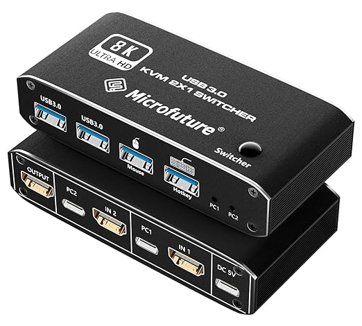 8K@60Hz KVM Switch 2X1, HDMI 2.1 for 1 Monitor 2 Computers, 4 USB3.0 Devices, USB C Selector With Hotkey, Supports 4K@120Hz, 2K@144Hz, 1080P@240Hz (2 USB 3.0 Cable Included)