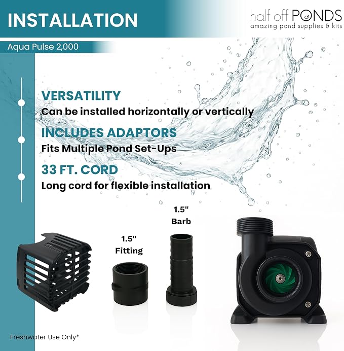 Aqua Pulse Submersible Pond Pump, 2,000 GPH, 33 ft Cord | 18 ft max head, 156W energy efficient, Ultra quiet, For koi ponds, Waterfalls, Fountains