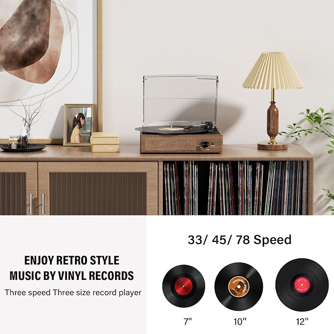 Vinyl Record Player Turntable with Built-in Bluetooth Receiver & 2 Stereo Speakers, 3 Speed 3 Size Portable Retro Record Player for Entertainment and Home Decoration