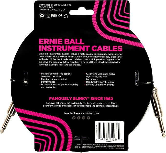 Ernie Ball Braided Instrument Cable, Straight Straight, 18ft, Purple/Black
