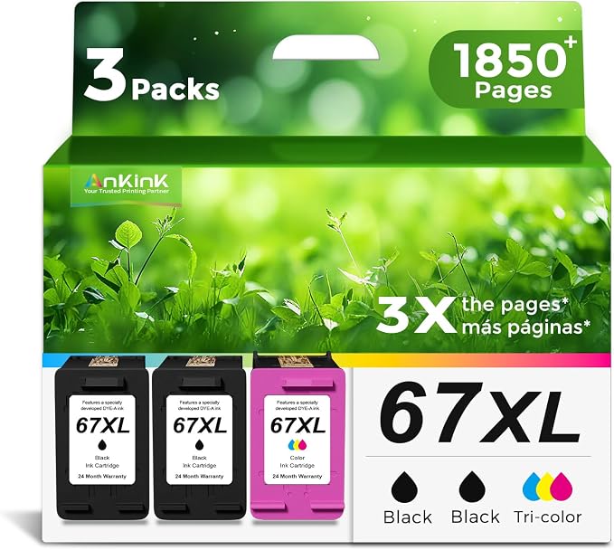 Ankink 67XL Ink Cartridges for HP 67 XL Black Color Combo 3-Pack Replacement for HP67 HP67XL for Printer 2700 2700e 4100 6400 4155e 2755e 2752e 4100e 6458 6455e 4152 6055e 6052e 4152e 2742e 6400e