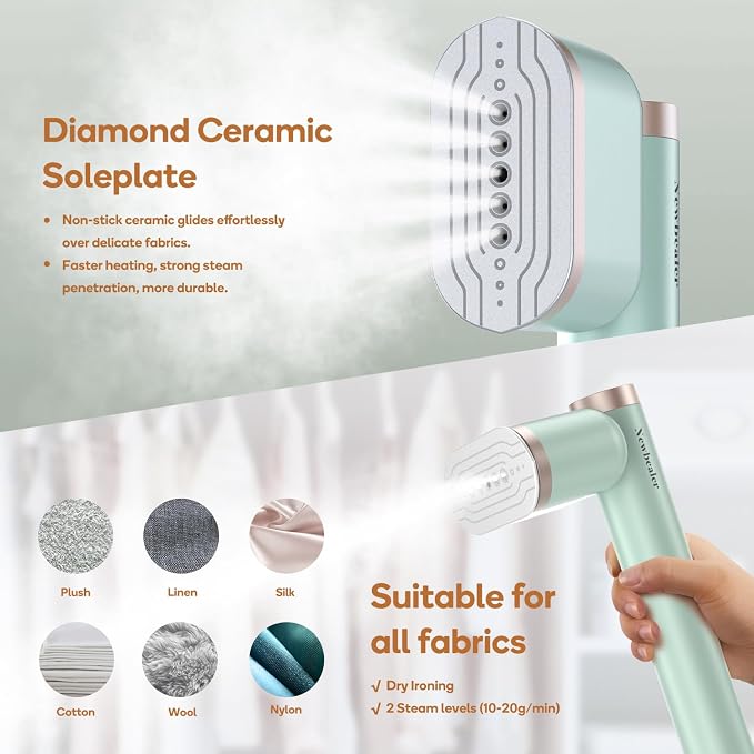Newbealer Rotatable Steam Iron, 1200W Garment Wrinkle Remover, 120V (Green) | 302°F Steamer for Clothes, 2 Steam Levels, Horizontal and Vertical Steaming, Dry Ironing, 15s Heat Up, for Home/Hotel/Laundry