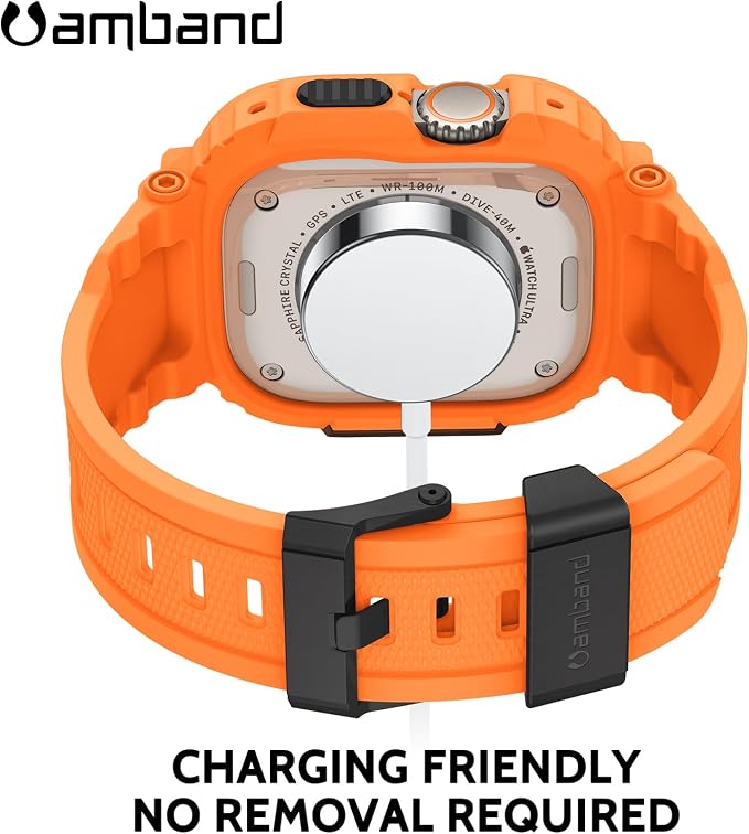 amBand Bands Case Screen Protector Compatible with Apple Watch Ultra 3/2/1 49mm, M1 Sport Series Rugged Cover Strap and 9H Tempered Glass Film, Protective Bumper for iWatch 49 mm Men Orange
