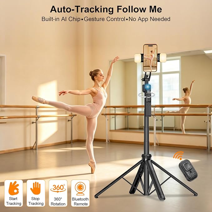 63" Phone Tripod with Auto Face Tracking, 360° Rotation Selfie Stick Tripod for iPhone & Action Camera, Detachable Phone Holder & Wireless Remote, Portable Tripod for Video Recording/Vlogging/Live