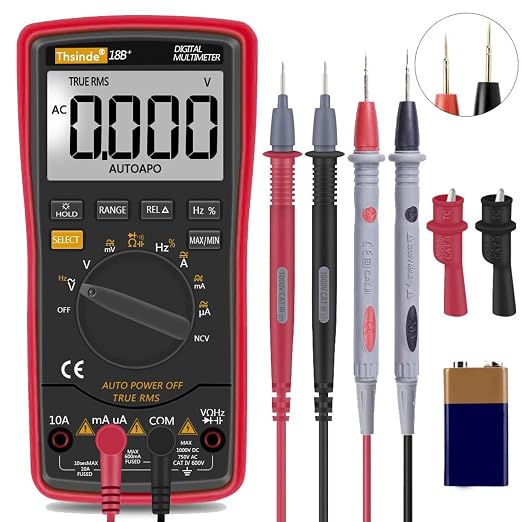 Auto Ranging Digital Multimeter TRMS 6000 with Battery Alligator Clips Test Leads AC/DC Voltage/Account,Voltage Alert, Amp/Ohm/Volt Multi Tester/Diode (Red)