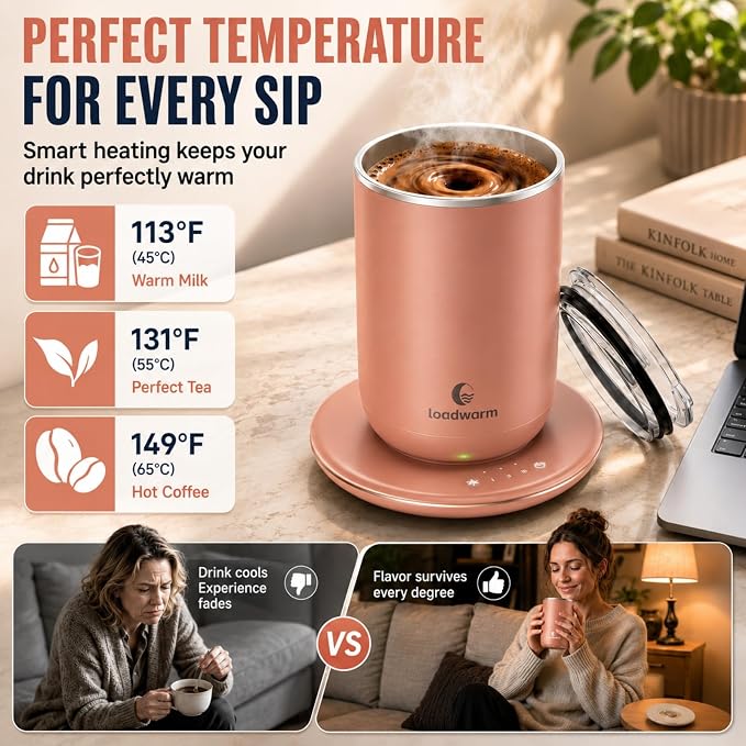 Self Heated Stirring Coffee Mug, 10oz Auto Mixing Cup with Warmer, Rose | 3 temp settings, food-grade stainless steel interior, 8-hour auto shut-off, plug-in desk mug with Warmer for office home