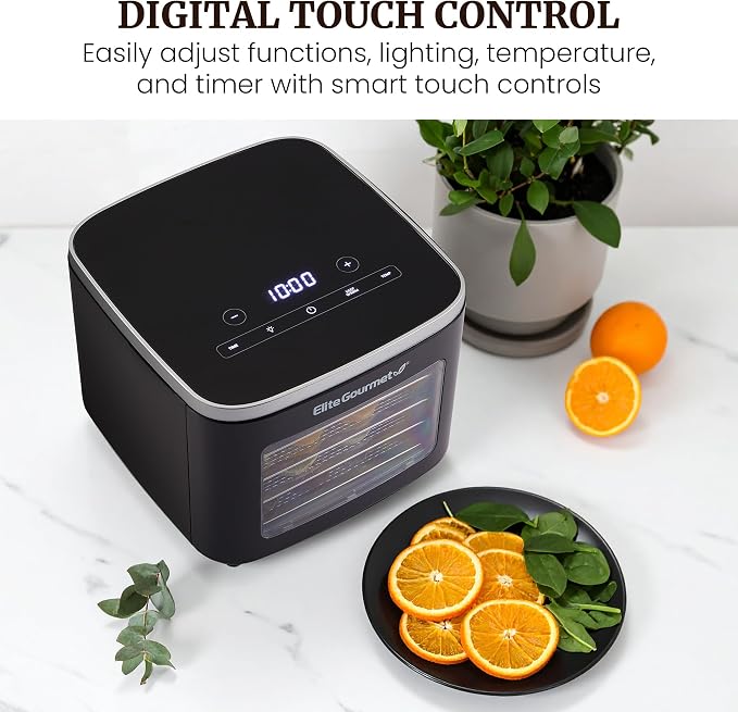 Elite Gourmet EFD809D Food Dehydrator with 5 Stainless Steel Trays, Adjustable Temp & Time + Keep Warm, Includes Interior Light, Fruit Roll Tray and Recipe Booklet, Black