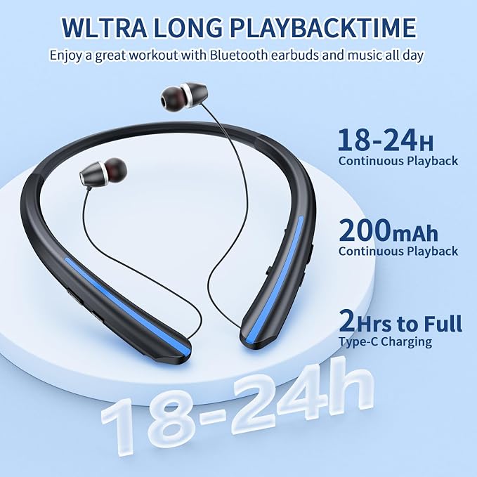 Neckband Retractable Bluetooth Headphones 2026 Upgrade - Wireless Headset with Mic, IPX5 Sweatproof Retractable Earbuds, Dual Device, 22H Playtime Noise Cancelling Stereo Earphones (Black Blue)