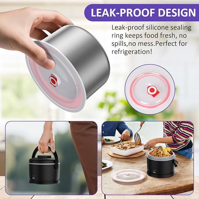 Electric Lunch Box for Adults 40 oz Portable Food Warmer 12V/24V/110V/220V Heated Lunch Box for Work, Office, Car, Travel, Home Use (Black)