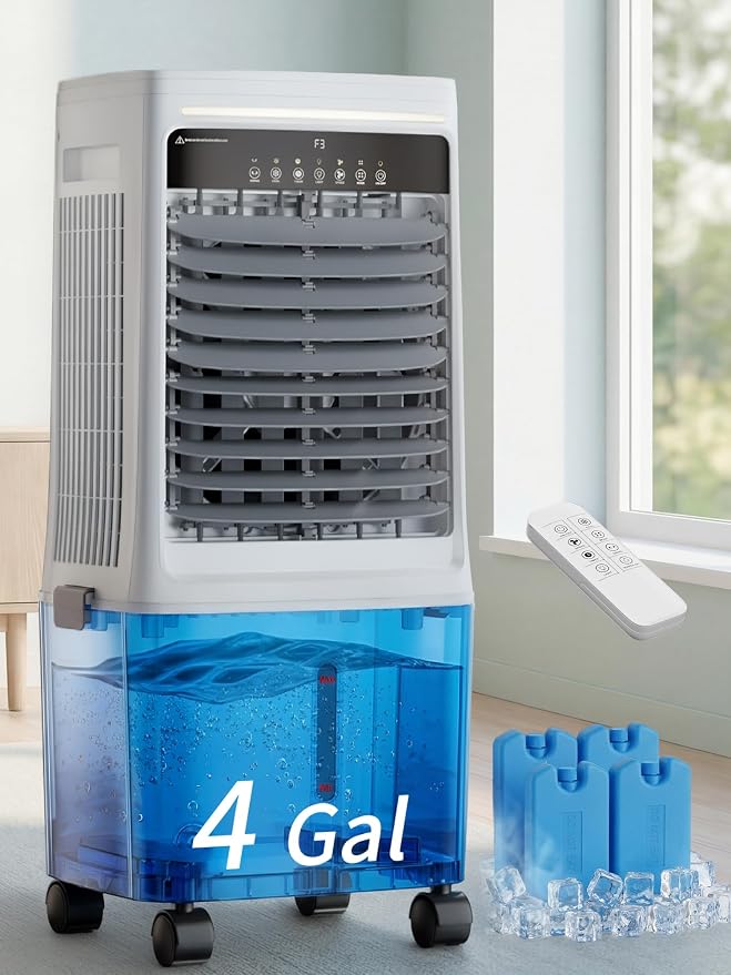 Uthfy 1500CFM Swamp Cooler Air Conditioner, Evaporative Cooler with Dual Water Tanks for 24H Cooling, 120° Oscillating, Ambient Light, 4 GAL Detachable Water Tank, 12H Timer, Portable AC,27 Inch