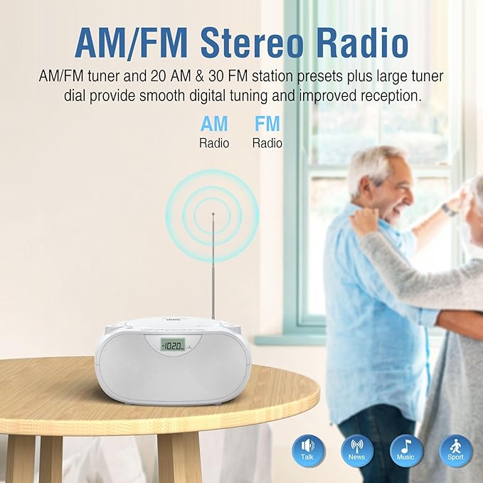 Nextron Portable CD Player Bluetooth Boombox with AM/FM Radio, USB, AUX-in, Headphone Jack, CD-R/RW & MP3-CD Compatible, Stereo Sound with Bass Boost, AC/Battery Operated – White
