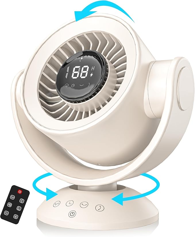 Desk Fans for Bedroom,Air Circulator Fan，90°Vertical +120°Auto Oscillating, 100 Speeds, 10H Timer, Quiet Fan, Digital Display Rechargeable USB, with Remote,for Home, Office（Beige）