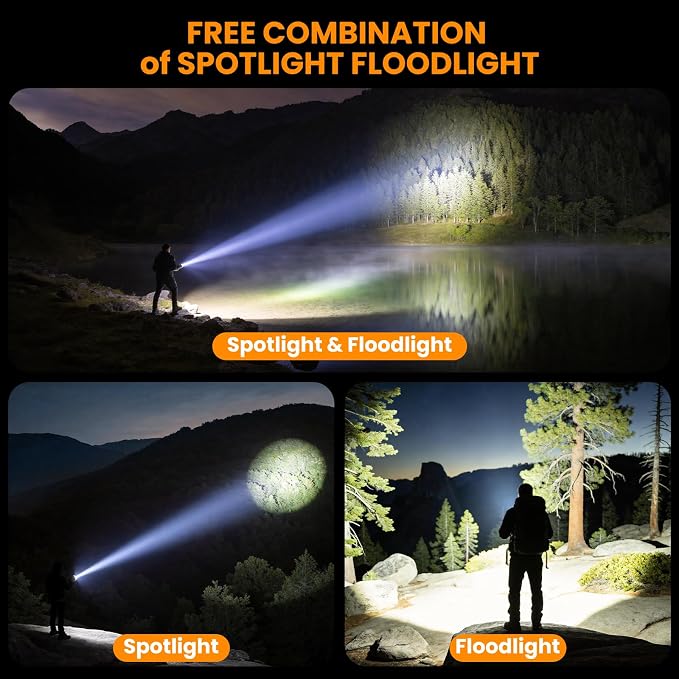 YIERBLUE Rechargeable Spotlight Floodlight Combo 2200,000 High Lumen, Super Bright IP67 Waterproof Spotlight Flashlight with COB Floodlight Runtime up to 15Hrs, with Foldable Stand and Red Lens