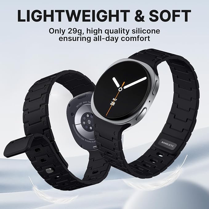 Bandletic Silicone Magnetic Band Compatible with Samsung Galaxy Watch 8 40mm 44mm / 8 Classic 46mm 2025, No Gap Soft Sport Wristbands Breathable Replacement Strap for Men Women, Black/Orange