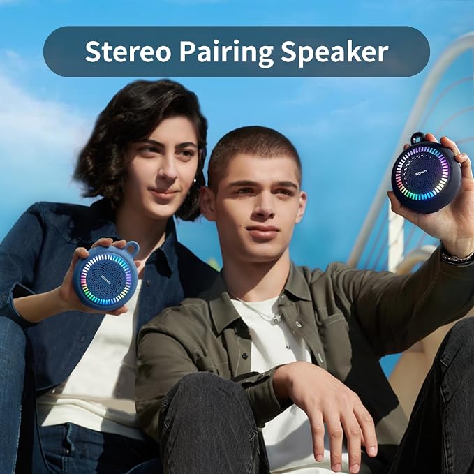 SOWO Bluetooth Shower Speaker Waterproof - Small Portable Speaker Wireless with Louder Volume and Powerful Bass - Colorful Lights and 10H Playtime - Lightweight with Carabiner and TWS