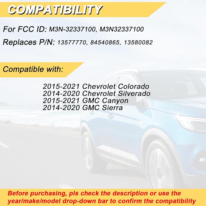 Vurkcy Key Fob Replacement for 2014-2020 Chevrolet Silverado & GMC Sierra/ 15-21 Chevy Colorado &GMC Canyon Car Keyless Entry Remote Control, M3N-32337100, 4 Btn, 2Pcs