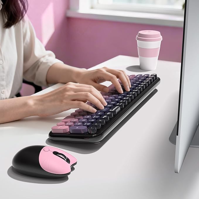 MOFII Wireless Keyboard and Mouse Combo, Compact Typewriter Retro Round Computer Keyboard and Mouse Set, Plug and Play, for Windows, Computer, Desktop, PC, Notebook - (Plum Pink Gradient)