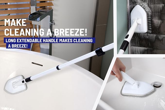 Moku Home Shower Scrubber 3 in 1 Extendable Long Handle 58" Cleaning Brush Bundle Value Pack - Non Scratch Shower Brush for Cleaning Bathroom Kitchen Toilet Wall Tub Tile Sink with 8 Refills (Gray)