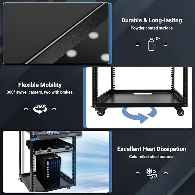 20U Server Rack w/ 2 Racks, Versatile Open Frame IT Rack - Wall-Mount, Rotate and Push w/Ease, AV Rack w/Top & Bottom Panels, Hook and Loop Straps for 19" Stereo/Data/IT/Computer Equipment