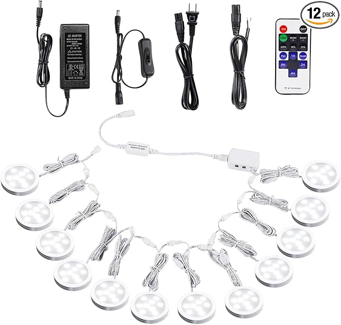 AIBOO Linkable Under Cabinet LED Lighting 12V Dimmable Puck Lights with Wireless RF Remote Control, Hardwired & Wall Plug in for Kitchen Mood Lighting (Daylight White, 12 Lights Kit)