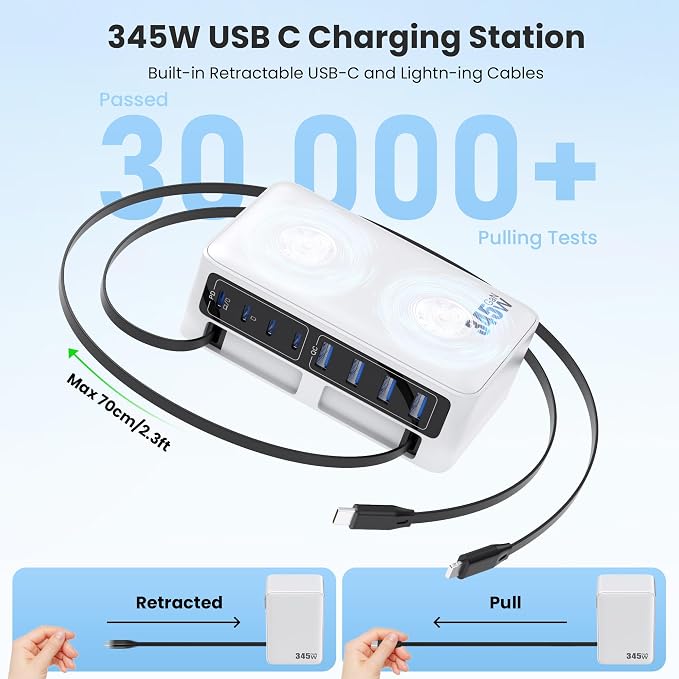 345W USB C Charger 10 in 1 Retractable Wall Charger with 2 Cables,GaN 6 USB C Charging Station Phone Charging PD Laptop Charger Adapter for MacBook Pro/Air,DELL,iPhone17/16/15,Galaxy S24,Android etc