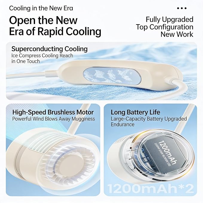 Portable Cooling Neck Fan, Hands Free Wearable Bladeless Fan with 1200mAhx2 Battery, 3 Speeds Quiet Operation, Foldable Hanging Neck Fan for Travel, Office, Outdoor - Beige