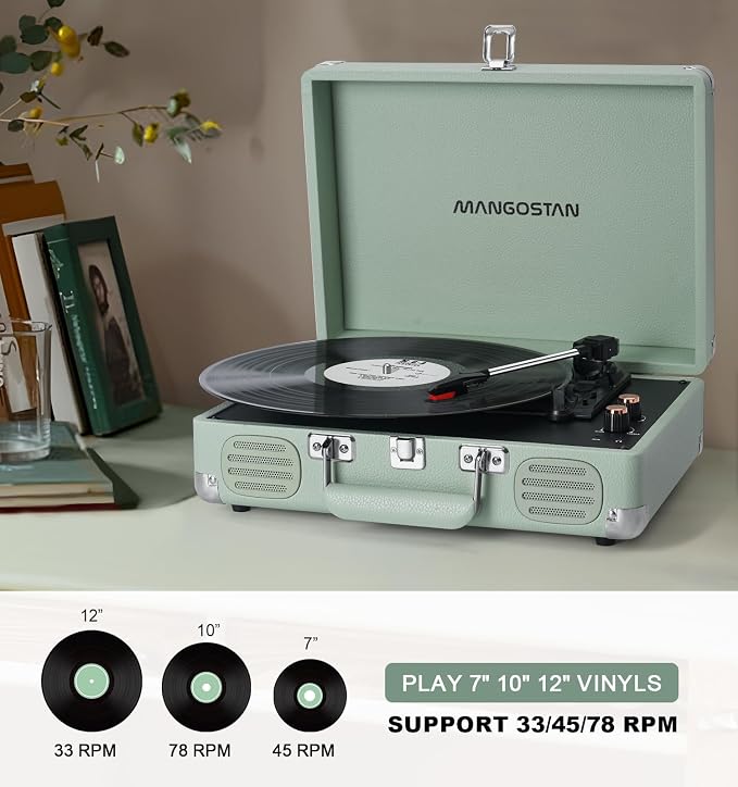 Record Player 3 Speed Bluetooth Portable Suitcase, Vinyl Phonograph with Built-in Bass & Speakers, Belt-Driven LP Player Support AUX-in RCA Line Out Headphone Jack, Green
