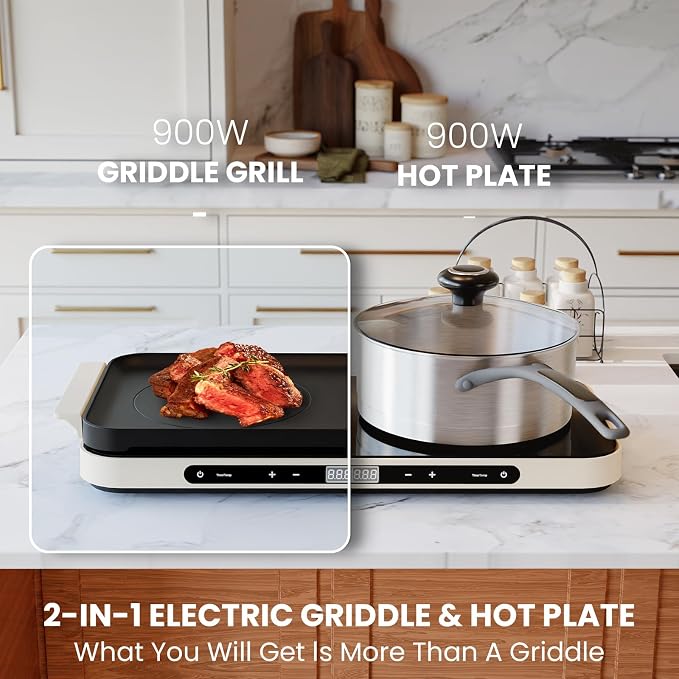 AEWHALE Electric Glass Cooktop 2 Burners with Removable Griddle Pan Non-stick,1800W Electric Hot Plate with Sensor Touch for Adjustable Temperature/Time