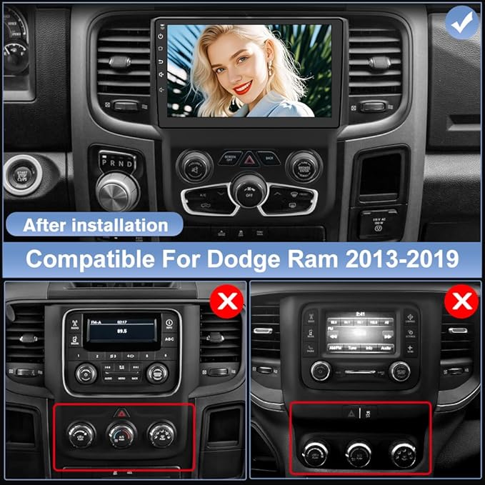 Car Radio Stereo for Dodge Ram 2013-2018 1500 2500 3500 Automatic AC with 4G RAM 64G ROM Wireless Carplay Android Auto 9 inch Head Unit with DSP Bluetooth GPS FM WiFi