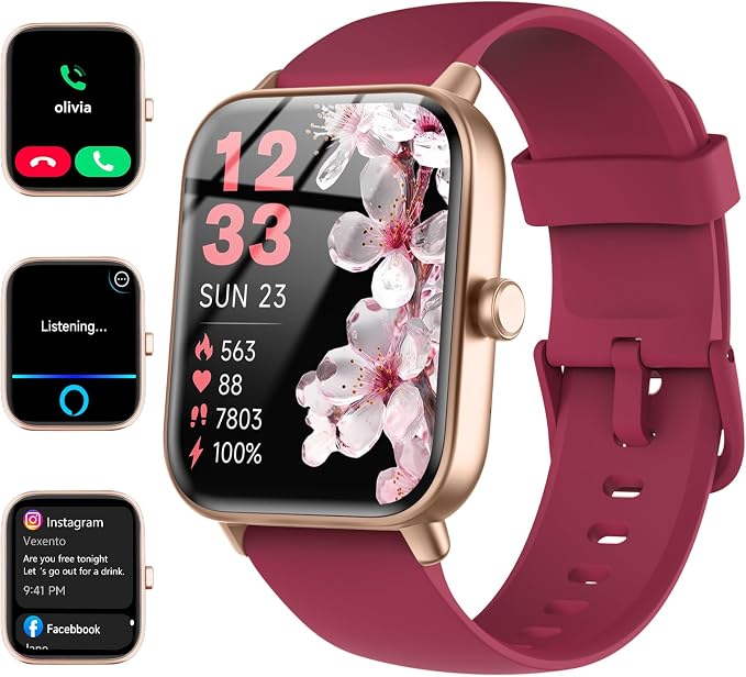 Quican Smart Watches for Women, Compatible for iPhone and Android Phones | 1.8" Fitness Tracker Watch, Waterproof, Calling, Heart Rate/Sleep Monitor, Alexa, Gifts for Women, Silicone Band, Red