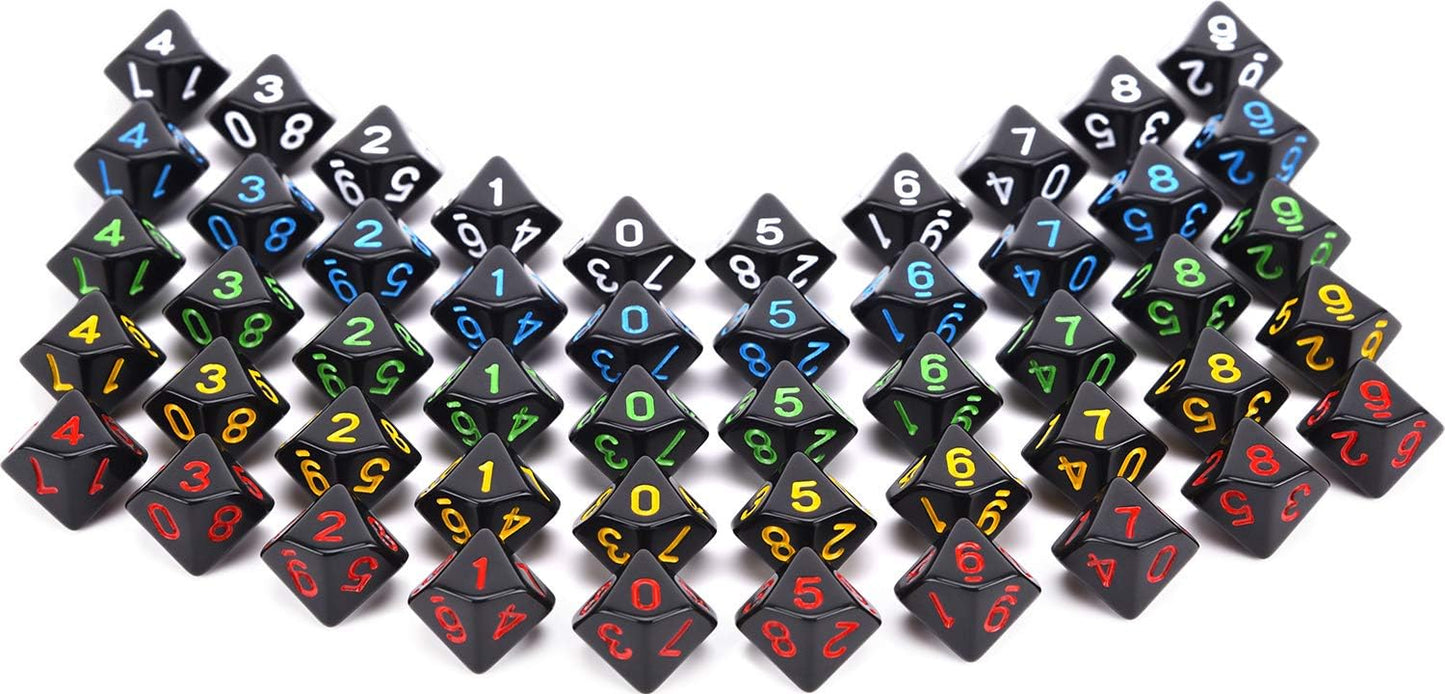 50pcs Assorted D10 Opaque Black with Black Dice Bag 10 Sides Dice for Tabletop RPG World of Darkness Vampire (0-9)