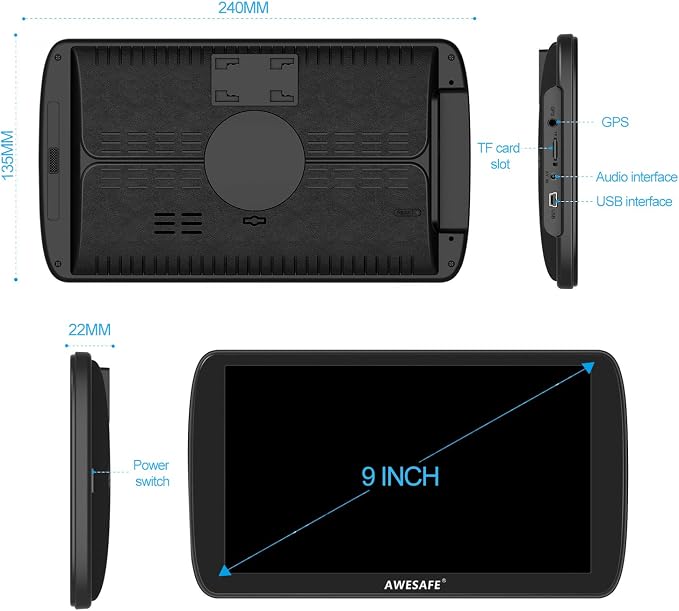 AWESAFE GPS Navigator for Car, 9 Inch Touch Screen Car GPS, Support Voice Turn Direction Guidance/Speed and Red Light Warning Free Lifetime Map Update