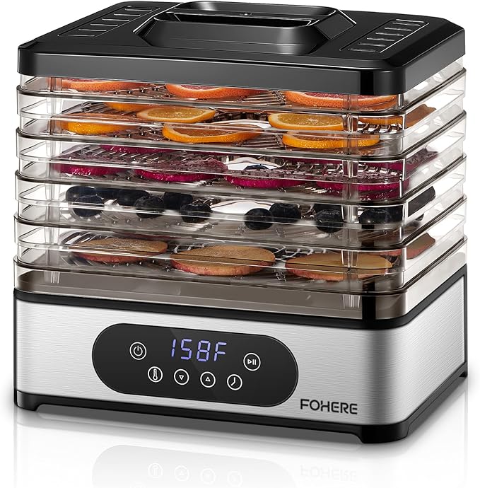 FOHERE Food Dehydrator, 5 BPA-Free Tray Dehydrators for Food and Jerky, Fruit, Herbs, Meat, Dog Treats, 48H Timer and 95-158°F Temperature Control, 400W Dehydrator Machine, 11.42" Stackable Trays