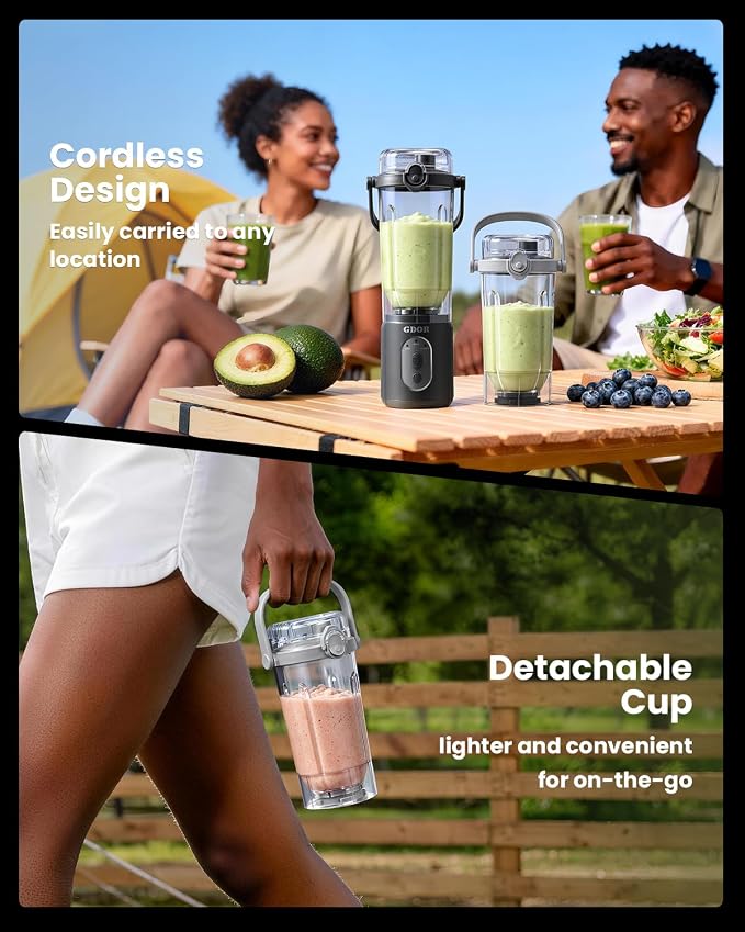 GDOR Portable Smoothie Blender, Twist & Go, Mini Blender Shakes and Smoothies,3 Auto Programs, Ice Crush,2x23 oz, Cordless, Dishwasher Safe, BPA-Free