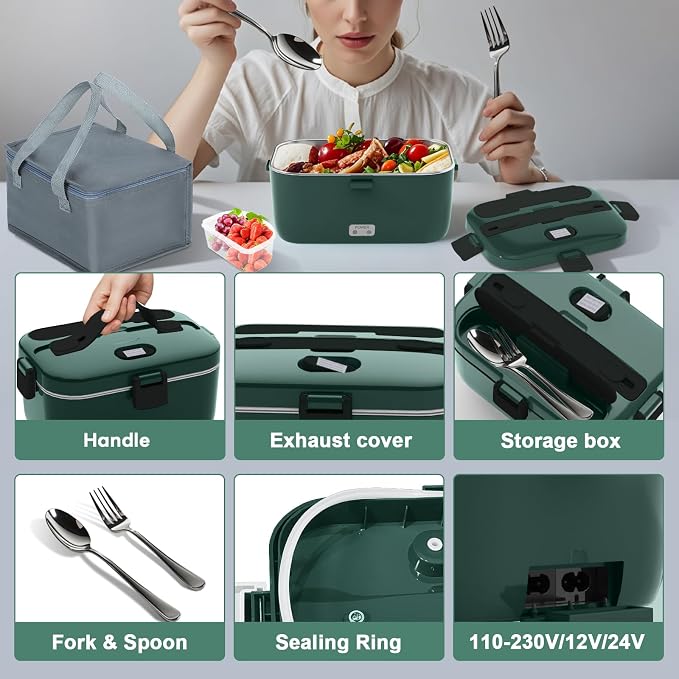 DUPASU Electric Lunch Box Food Warmer: 100W Heated Lunch Box for Adults, 1.8L Portable Fast Heating Lunchbox Food Heater for Car, Truck, Work, Travel, Lonchera Elctrica 12/24V/110-230V