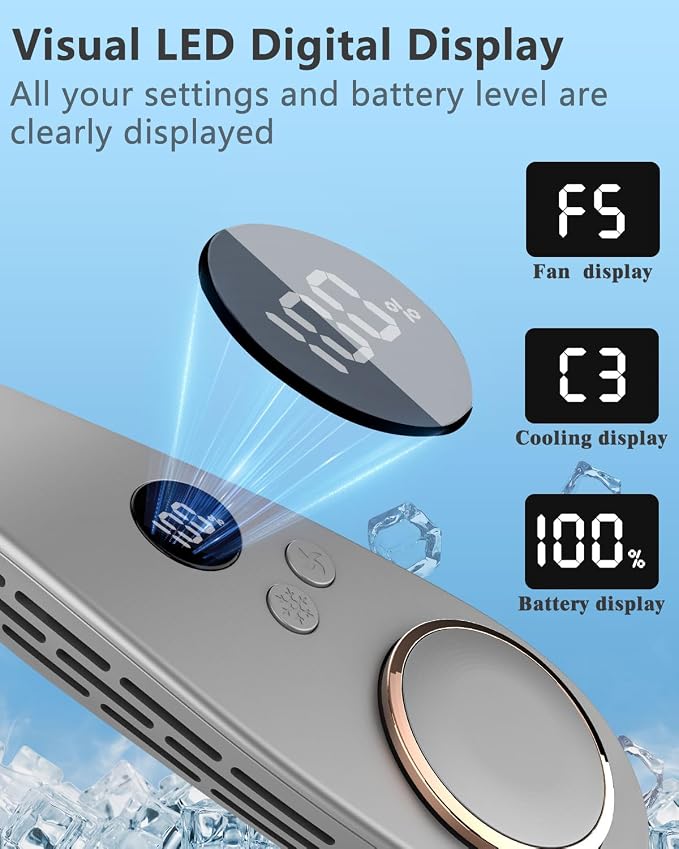 Neck Fan that Blow Cold Air with Cooling Plate, Portable Quiet Rechargeable 5500mAh, LED Display Battery &Speed Neck Cooler, Mini Cordless Personal Air Conditioner for Kid Adult Golf Gym Riding, Grey