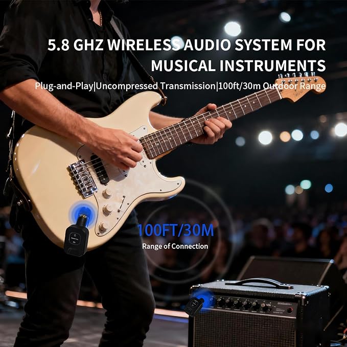 EROK WF-08 5.8GHz Wireless Guitar System with Rechargeable Charging Case – 4.6ms Ultra-Low Latency, 24-bit/48kHz, 100ft Range for Bass & Electric Instruments (WF-08)