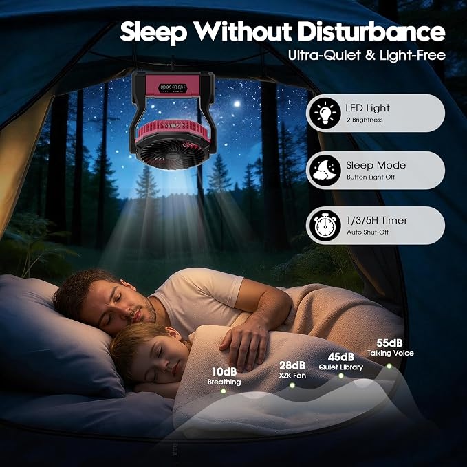 XZK 24000mAh Rechargeable Camping Fan, 64H Runtime Battery Powered Portable Travel Fan with LED Light, Tent Fans for Indoor,Outdoor,Fishing,Jobsite & Hurricane Emergency,Gifts for Men Dad Him,Pink
