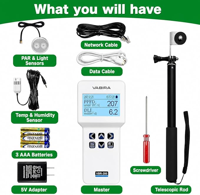 VBR-200 PAR Meter with Light Dimmer Control, Maintain Target PAR Automatically, PPFD DLI Meter, Adjust Grow Light Power Based on Sunlight, Test PAR/LUX/CCT/Temp/Humidity/VPD