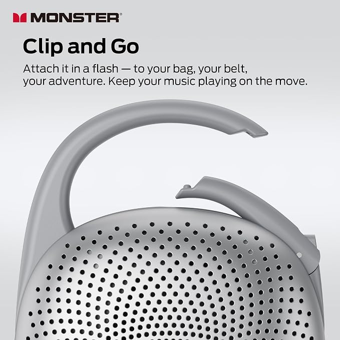 Monster Bluetooth Speaker Ultra-Portable with Integrated Carabiner Clip, IPX7 Waterproof, 29H Playtime, Bluetooth 6.0, TWS Pair Clip-On Speaker for Outdoor, Hiking, Beach, Shower & Travel, Light Grey