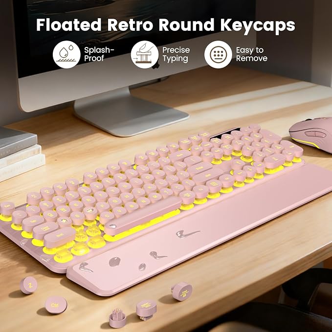 Wireless Keyboard and Mouse Combo, Round Backlit Keycaps, Retro Typewriter Keyboard with Detachable Wrist Rest, Rechargeable & Tilt Legs, 2.4GHz Cordless Connection for Windows/PC (Glowing Pink)