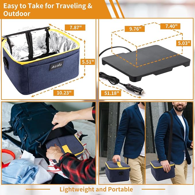 Aotto Heated Lunch Box Food Warmer - 12V/24V 2-in-1 Car Food Warmer with Vehicle Plug - Mini Portable Electric Lunch Box Heater for Men and Women - Reheat & Keep Meals Warm On the Go - Navy Blue