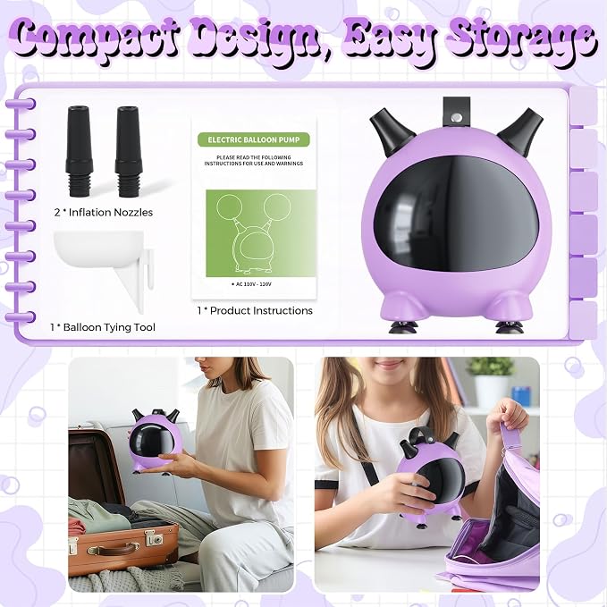 Togvu Balloon Pump Electric, Portable Balloons Inflator Air Pump with 2 Nozzles, Small Balloon Blower Machine 600W for Latex Garland Arch and Foil Balloons