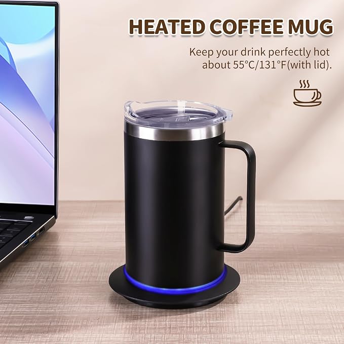 Smart Temperature Control Coffee Mug for Desk,Heated Cup with 10Hrs Auto Shut Off, USB Powered Mug Warmer Set (14oz-Black)