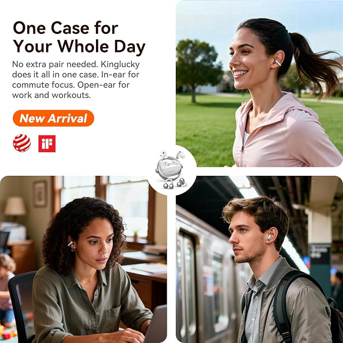 Kinglucky 2-in-1 Wireless Earbuds, in-Ear & Open Ear Clip-On Earbuds Comfortable fit, Bluetooth Headphones 5.4 with Noise Cancelling Mic, Power Swap Charging, Up to 50H, White