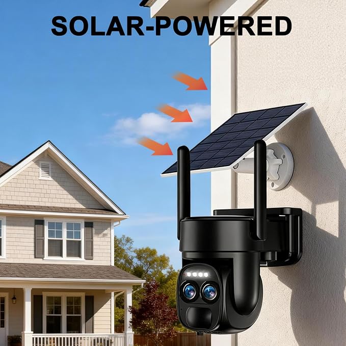 BEENOCAM 4K Dual Lens Solar Security Cameras Wireless Outdoor, 2.4G/5Ghz WiFi, 355° Pan/Tilt Home Security Camera with 8MP Color Night Vision, PIR Motion Detection, Spotlight Alarm, 2-Way Audio