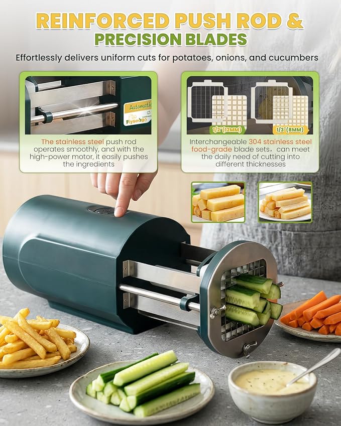 Electric French Fry Cutter with 1/2&3/8 Inch Stainless Steel Blades Professional Potato Cutter's Custom Tray, Automatic Efficient Vegetable Dicer for Carrots, Zucchini, Apples&Onions (Green)