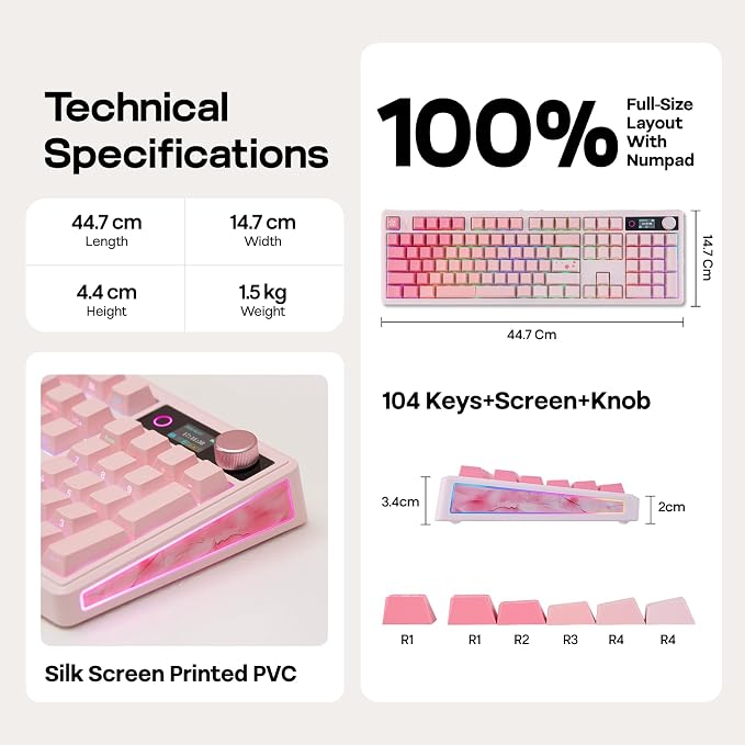 EPOMAKER TH108 V2 PRO Full Size Mechanical Keyboard with Screen&Knob, 10000mAh, BT/2.4Ghz, Mac Modifier PBT Keycap, Hot Swap, RGB, Gasket, Wireless Gaming Keyboard for Mac/PC (Pink, Sea Salt Silent)